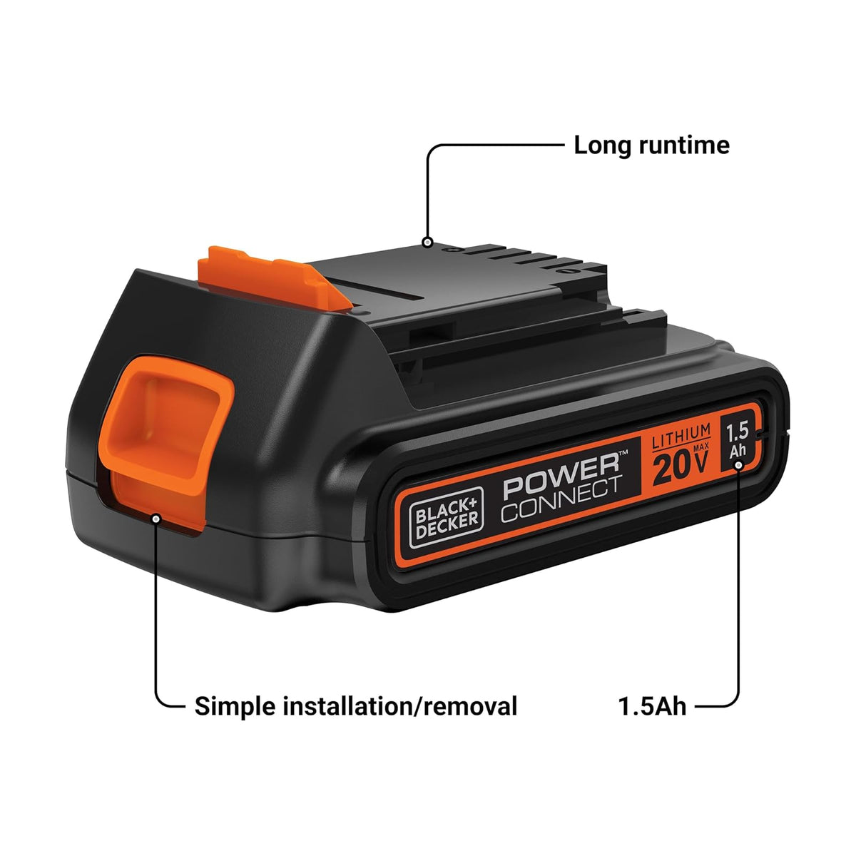 Batería Black+Decker de 20 V MAX, batería de Iones de Litio de 1,5 Ah, Tiempo de Funcionamiento extendido, Compatible con Herramientas, Equipos para Exteriores y aspiradoras de 20 V (LBXR20)