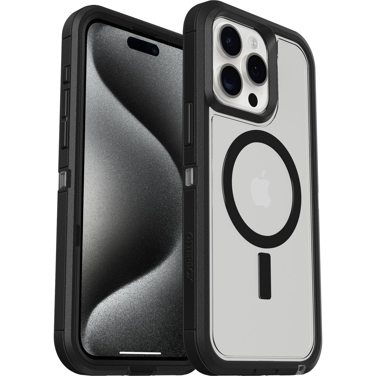 OtterBox - Funda Transparente para iPhone 15 Pro MAX (Solamente) Defender Series XT - Lado Oscuro (Negro/Transparente), sin visualización, Resistente, se Ajusta a MagSafe, Accesorio de cordón (se