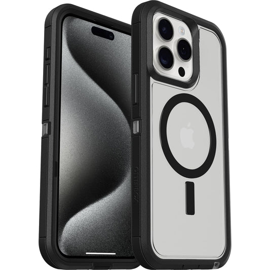 OtterBox - Funda Transparente para iPhone 15 Pro MAX (Solamente) Defender Series XT - Lado Oscuro (Negro/Transparente), sin visualización, Resistente, se Ajusta a MagSafe, Accesorio de cordón (se