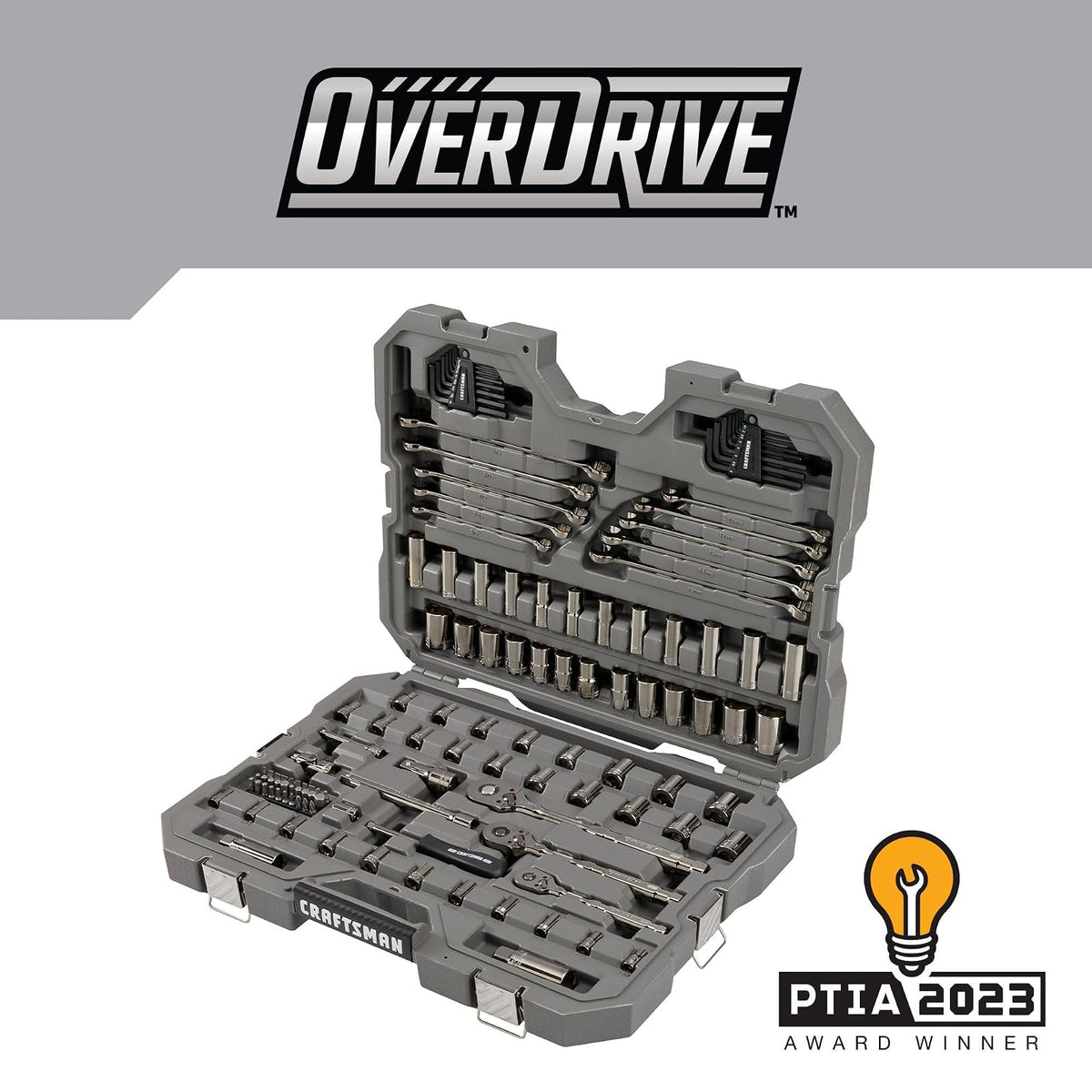 CRAFTSMAN OVERDRIVE Juego de herramientas mecánicas cromadas color pavonado de 121 piezas, estándar SAE/juego de dados métricos, con estuche rígido (CMMT99121L)