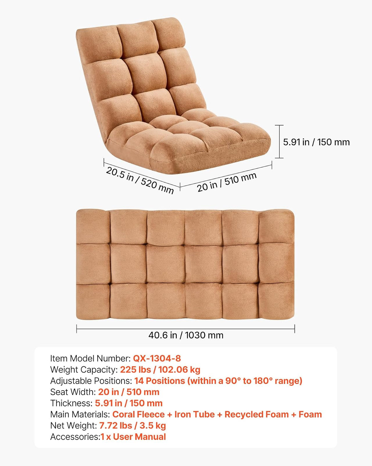 VEVOR Sillón de Suelo Relax, Sillón Reclinable con Respaldo Ajustable en 14 Posiciones, Acolchado de Espuma y Tapizado de Forro Polar Coral, para Lectura Descanso Sala de Estar Dormitorio, Marrón