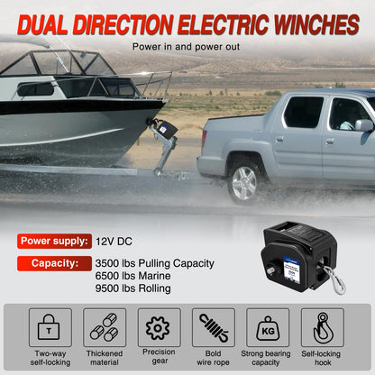 Nilight - Cabrestante eléctrico portátil de 3500 libras, cabrestante marino de 12 V DC con control remoto y manivela de mano con funcionamiento de rueda última intervensión, impermeable, reversible