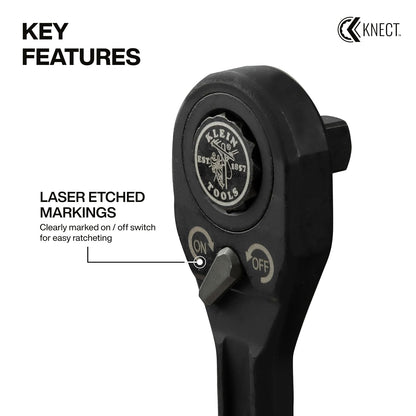 Klein Tools 65408ADP KNECT (M) - Juego de carraca y adaptador de enchufe de 3/8 pulgadas, llave de 90 dientes para varillas roscadas extendidas, agarre compacto y cómodo, compatibilidad de enchufe