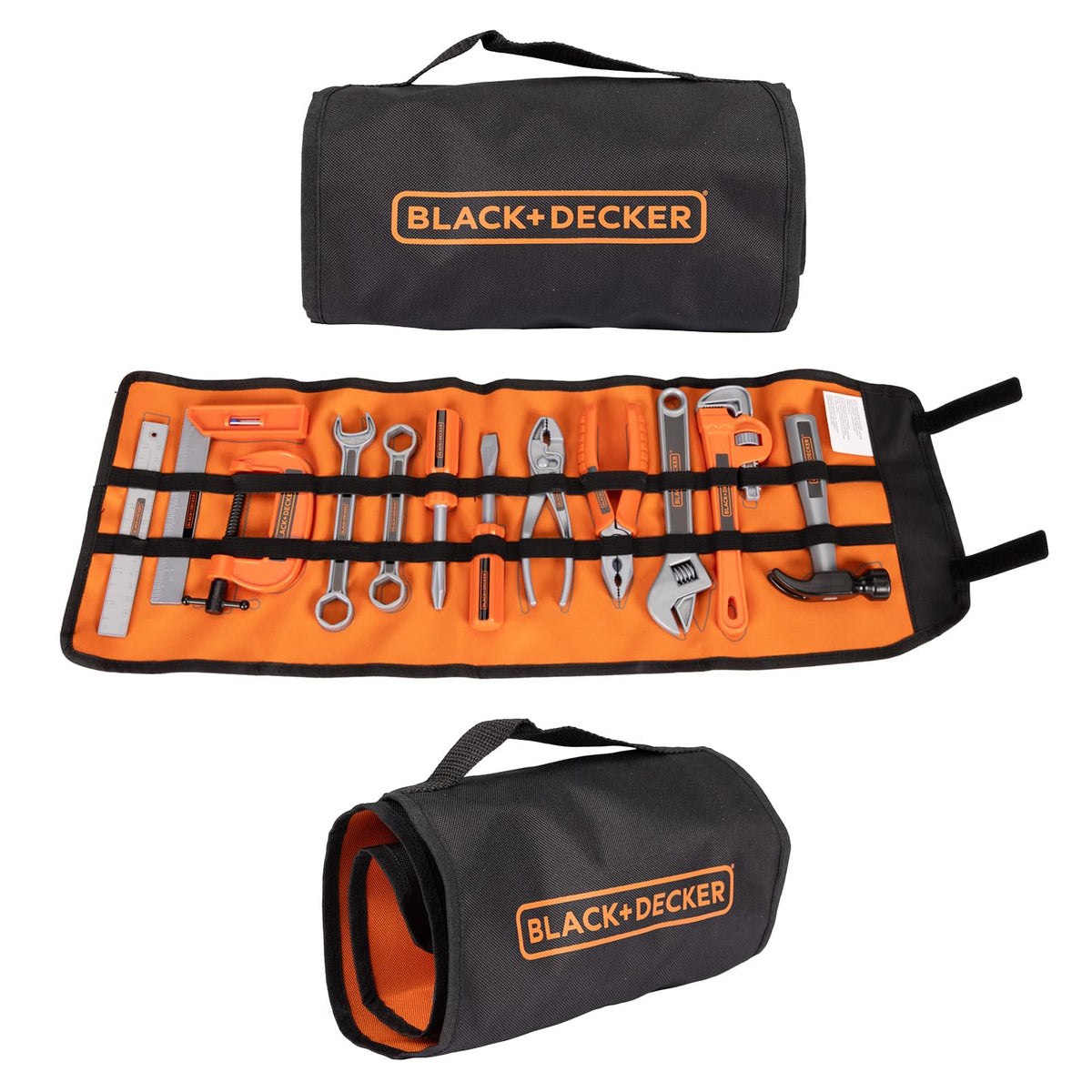 BLACK+DECKER - Juego de bolsas de herramientas para niños, 13 piezas, herramientas de juego de simulación, martillo, destornillador Phillips, alicates, llave ajustable y mucho más Para niños y niñas a
