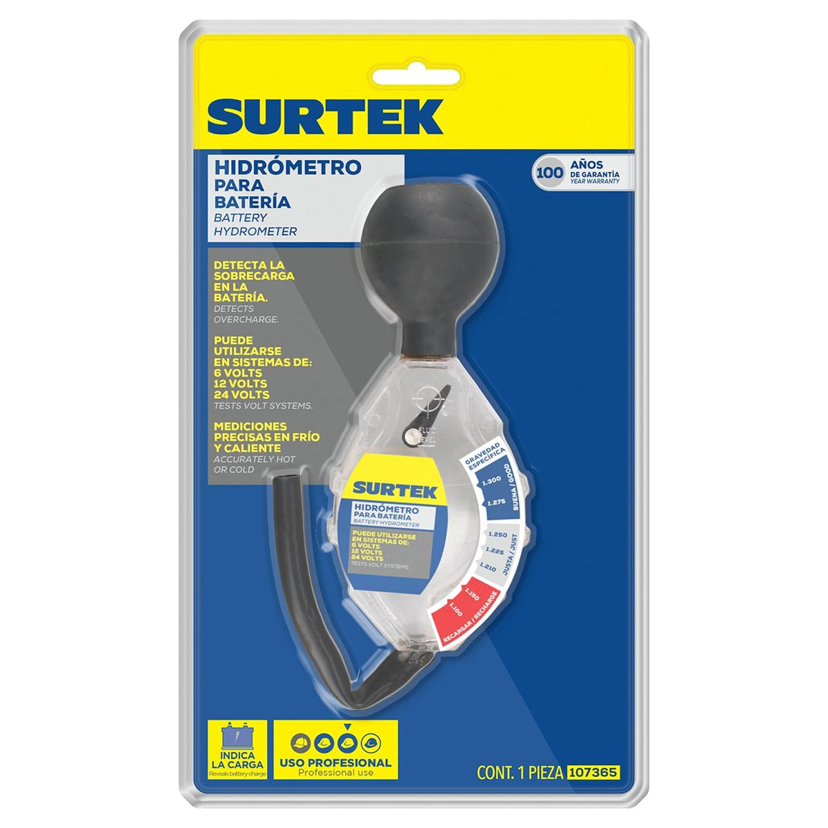 Surtek 107365 Hidrómetro para batería, capacidad 1100 - 1300 g/cm2