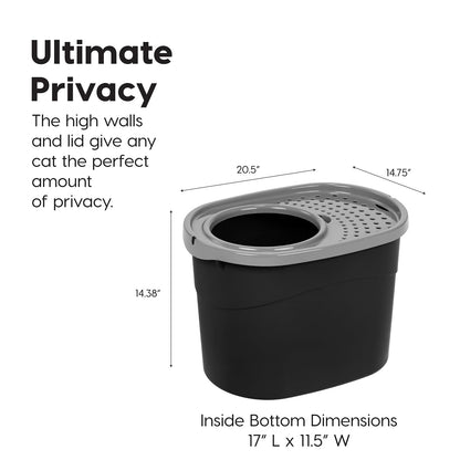 IRIS USA Caja de Arena Gato Entrada Superior, Cubierta, Pala, Negro/Gris | Ideal para gatos de interior, entrada superior, caja con tapa, interior espacioso y diseño resistente para mascotas