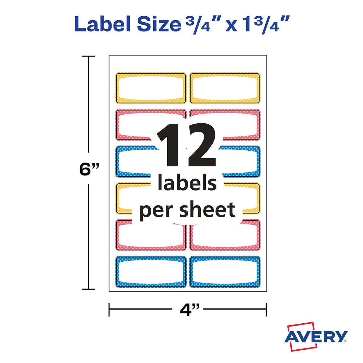 Avery - Etiquetas duraderas para equipo de niños, 3/4 pulgadas x 1-3/4 pulgadas, colores surtidos de fronteras, etiquetas resistentes al agua, escritura e imprimibles con láser/inyección de tinta, 60
