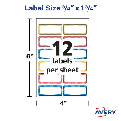 Avery - Etiquetas duraderas para equipo de niños, 3/4 pulgadas x 1-3/4 pulgadas, colores surtidos de fronteras, etiquetas resistentes al agua, escritura e imprimibles con láser/inyección de tinta, 60