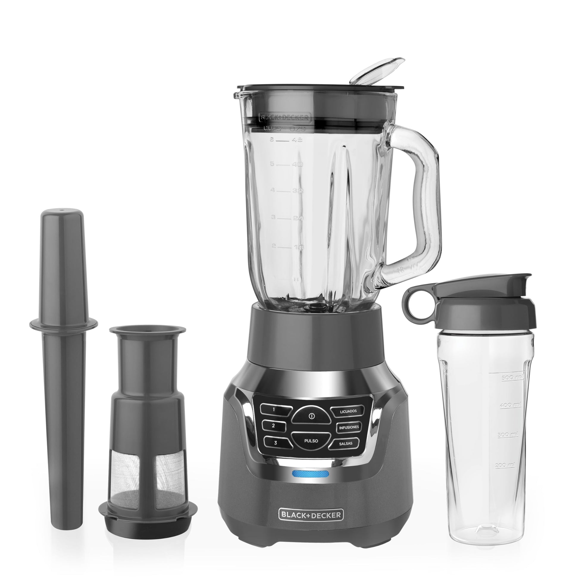 Black+Decker Licuadora con Filtro Infusor de Jugos 3 en 1, 3 Funciones Automáticas, Jarra de Vidrio 1.5L, 900 Watts, Incluye Vaso Personal de Tritán, BL1350G