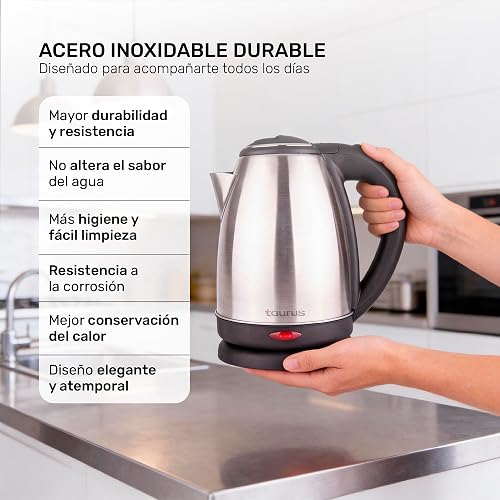 TAURUS CARONTE | Hervidor Eléctrico 2L de Acero Inoxidable | Ebullición Rápida en Minutos | Seguro, Durable y con Apagado Automático | Ideal para Té, Café y Cocina Diaria
