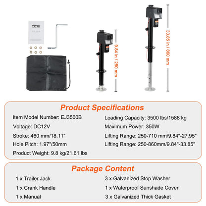 VEVOR - Gato eléctrico para lengüeta, Capacidad de 3500 Libras, Conector eléctrico de Remolque de 9.8"-33.8" con Cubierta Impermeable para RV, Caballo, remolques utilitarios