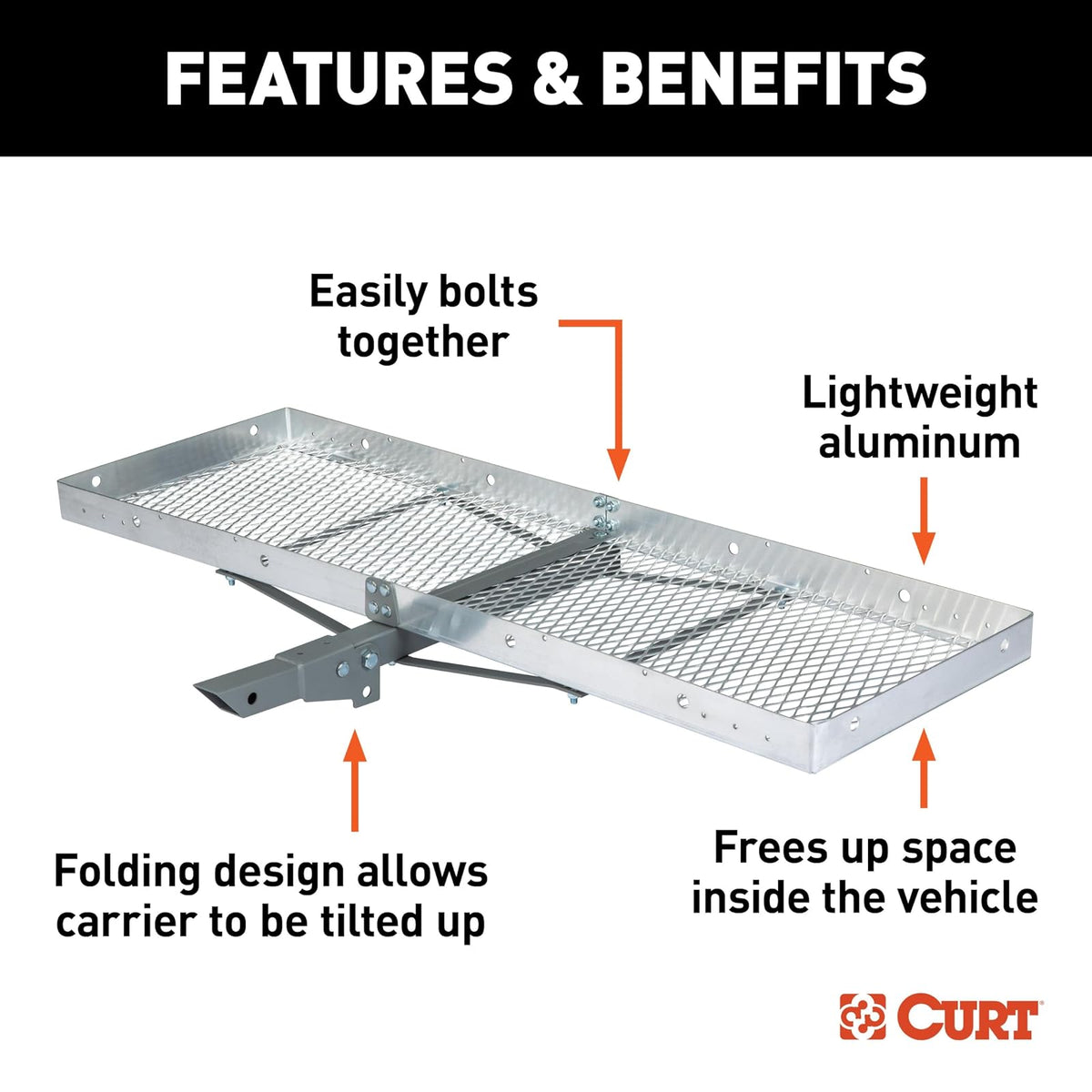 CURT 18100 - Bandeja de aluminio de 60 x 20 pulgadas, capacidad de 500 libras, vástago plegable de 2 pulgadas