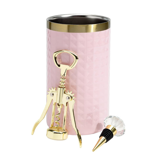 Paris Hilton - Juego de enfriador de botellas de vino, enfriador de doble pared, sacacorchos con alas doradas, tapón de vino de diamante, juego de 3 piezas, color rosa