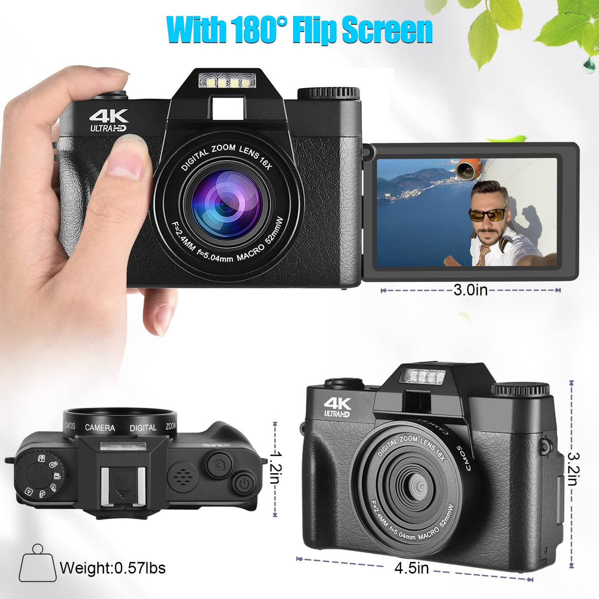 Lierhyt Cámara Digital de 48 MP para fotografía, cámara de vlogging 4K, cámara Digital para niños y Adultos con visualización abatible de 180°, Zoom Digital de 16 X, Lente Gran Angular, Lente Macro,