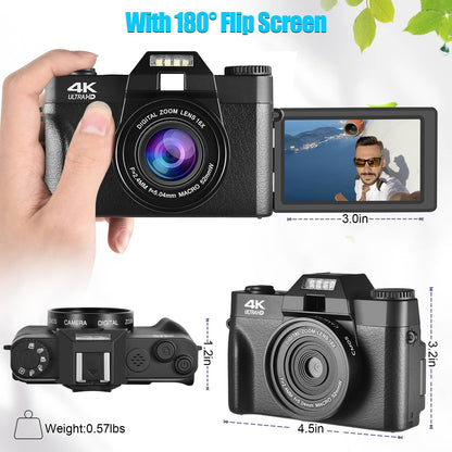 Lierhyt Cámara Digital de 48 MP para fotografía, cámara de vlogging 4K, cámara Digital para niños y Adultos con visualización abatible de 180°, Zoom Digital de 16 X, Lente Gran Angular, Lente Macro,