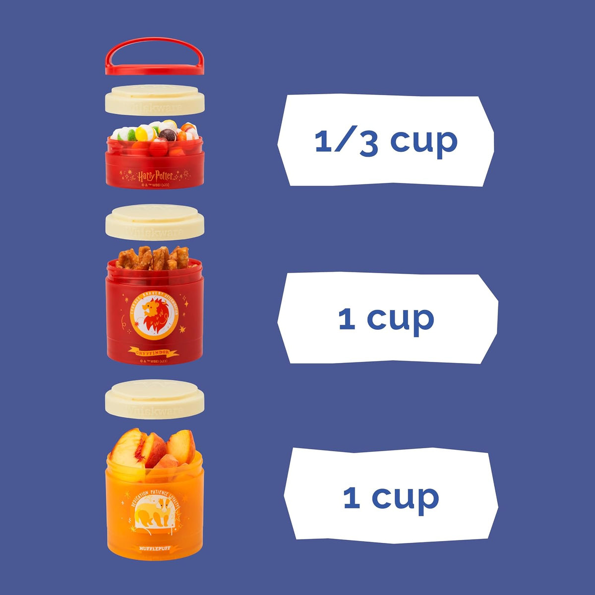 Whiskware Harry Potter - Recipientes apilables para aperitivos para niños y niños, 3 tazas apilables para la escuela y los viajes, juego de casa, paquete de 2 unidades