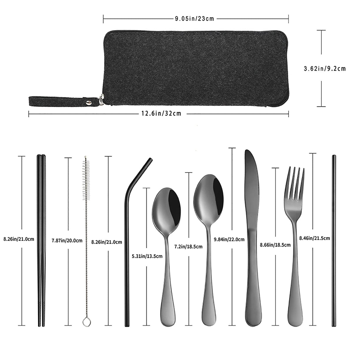 Utensilios De Viaje Portátil, Cubiertos Reutilizables Con Funda Para Fijar La Vajilla, 9 Piezas De Acero Inoxidable Estable Juego De Cubiertos Para Camping Picnic (Conjunto negro)