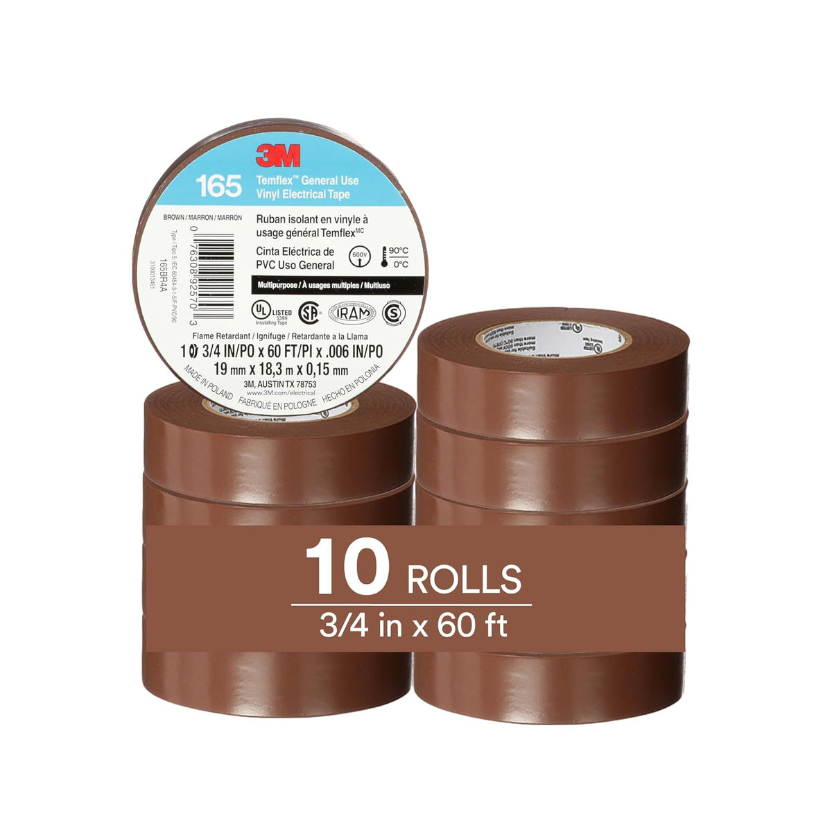 3M Temflex 165 Cinta Eléctrica de Vinilo Multiusos - Marrón