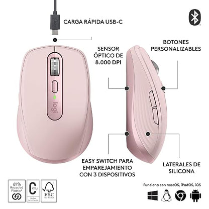 Logitech MX Anywhere 3S Compact Mouse inalámbrico, Desplazamiento Veloz en Todos Lados, dpi 8K, silencioso, Botones programables, USB C, Bluetooth, Windows PC, Linux, Chrome, Mac - Rosa