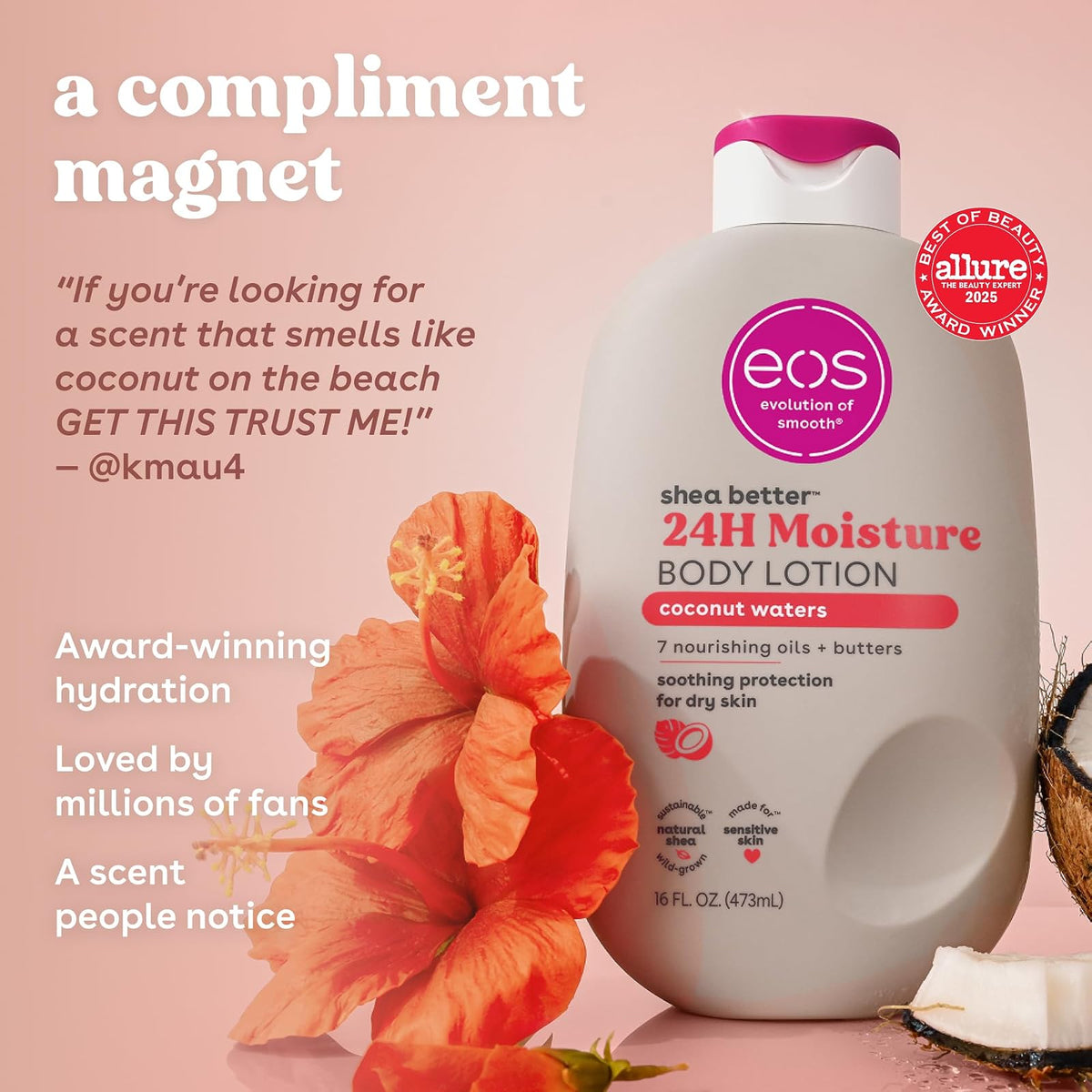 Eos Loción Corporal Shea Better - Coconut Waters | Hidratación 24H, Ligera y No Grasosa | Hecha con Karité Natural | Vegana | 16 Onzas Líquidas