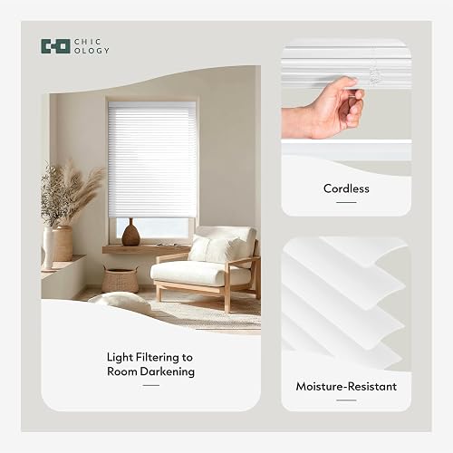 CHICOLOGY - Mini persianas para ventanas de interior, 17 pulgadas de ancho x 72 pulgadas de alto, persianas de vinilo horizontales blancos, inalámbricas, fáciles de instalar, elegante ajuste de perfil