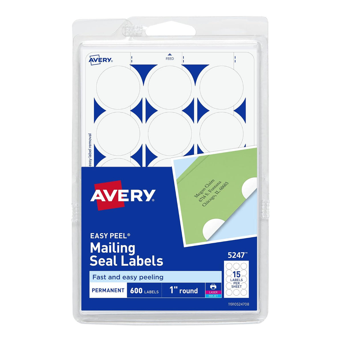 Avery 5247 - Sellos de correo para impresoras láser y de inyección de tinta, redondos, 2.54 cm, 600 unidades, color blanco