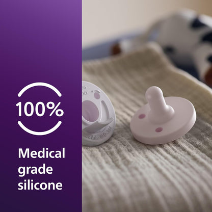 Philips Avent Soothie Chupones ortodónticos para bebés, chupones 100% silicona, de una pieza, sin BPA, para bebés de 0 a 3 meses, 2 lilas y 2 rosas, paquete de 4, modelo SCF190/70