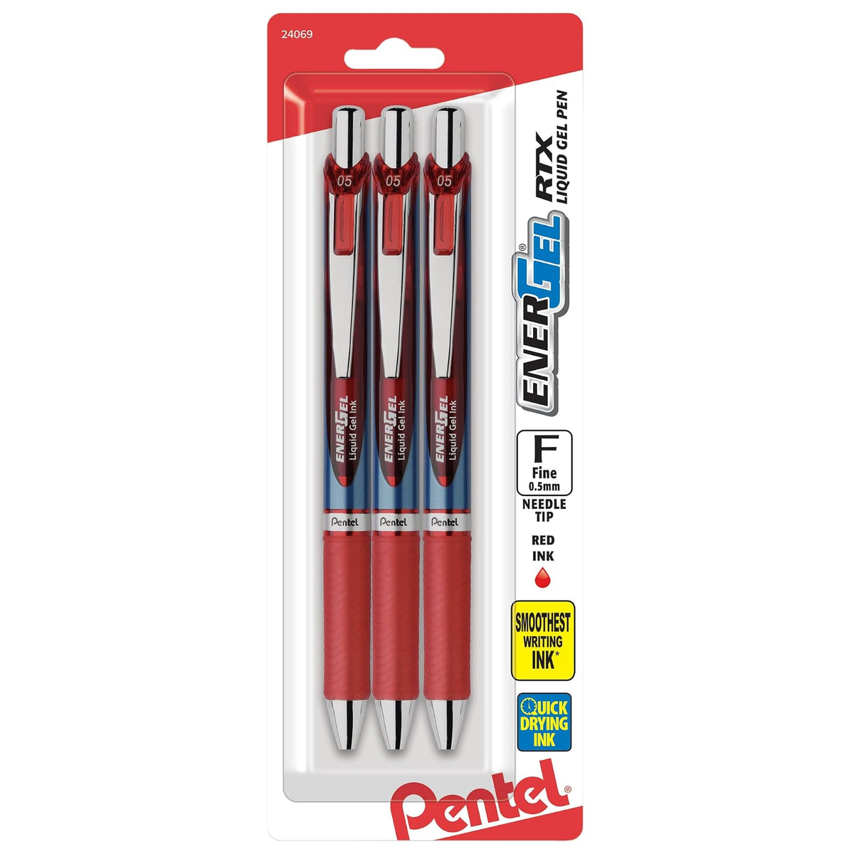 Pentel EnerGel RTX Bolígrafos Retráctiles de Tinta Líquida de Gel - Aguja de 0.5mm - 3 Unidad (Paquete de 1) - Rojo