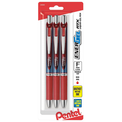 Pentel EnerGel RTX Bolígrafos Retráctiles de Tinta Líquida de Gel - Aguja de 0.5mm - 3 Unidad (Paquete de 1) - Rojo