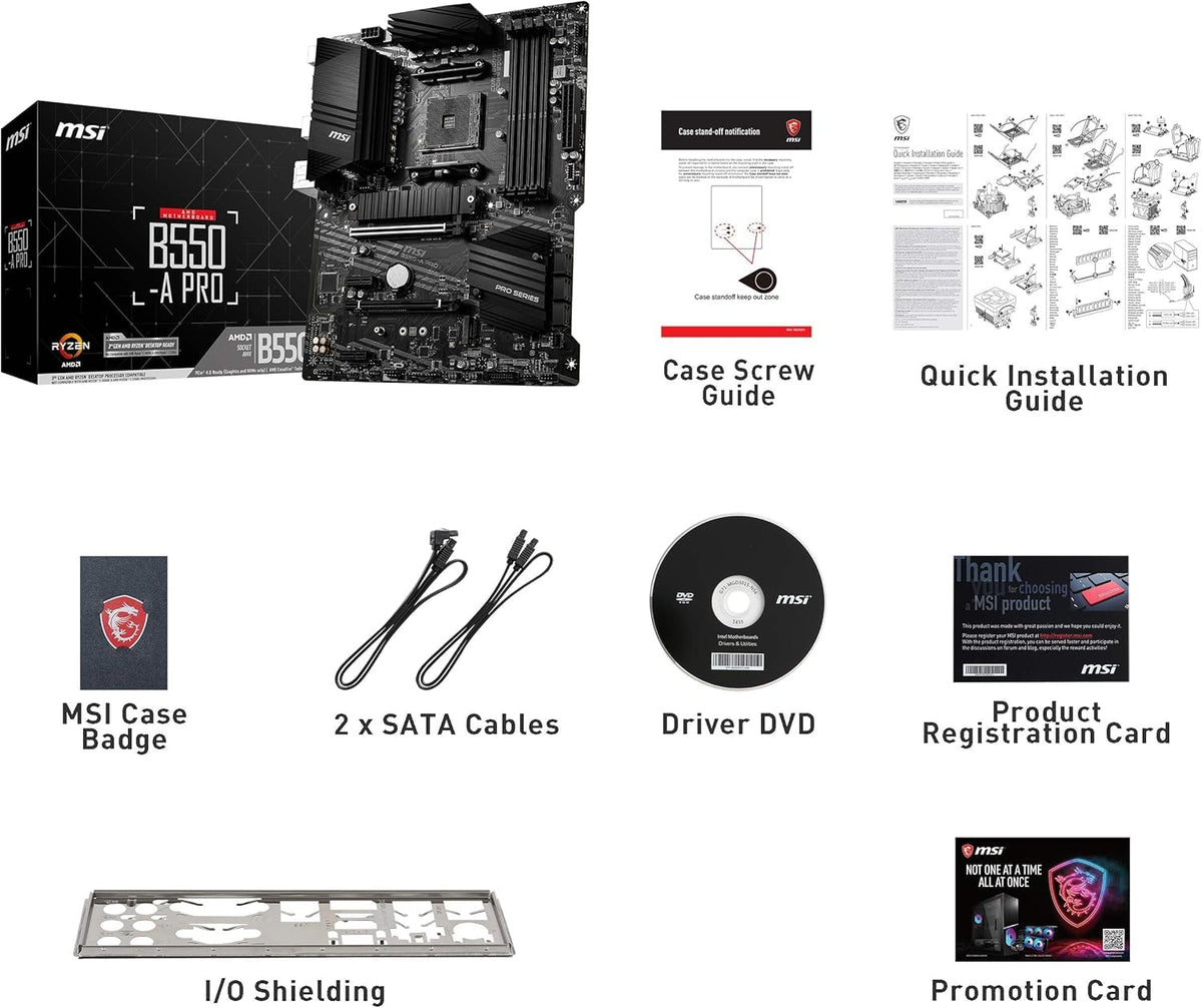 MSI B550-A Pro V1 ProSeries Motherboard (AMD Ryzen 5000, AM4, DDR4, PCIe 4.0, SATA 6Gb/s, M.2, USB 3.2 Gen 2, HDMI/DP, ATX)