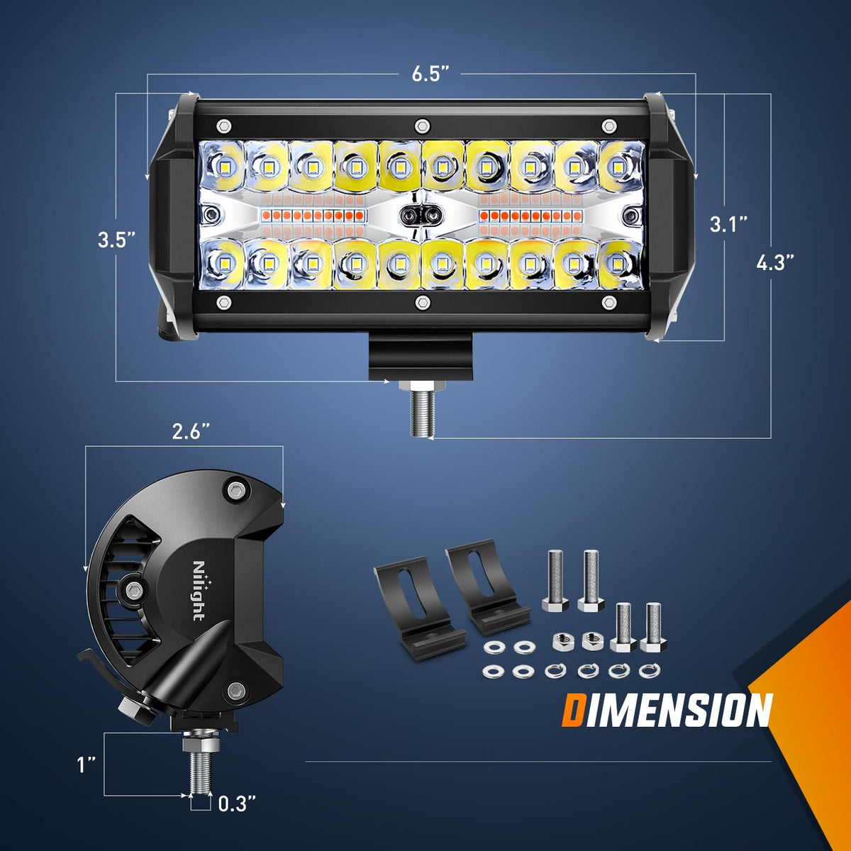 Nilight - Barra de luz LED todoterreno de 6.5 pulgadas, 2 unidades de 120 W, 3 modos de iluminación (blanco/ámbar/blanco y ámbar), luces de inundación con arnés de cableado de 18 AWG, para camión