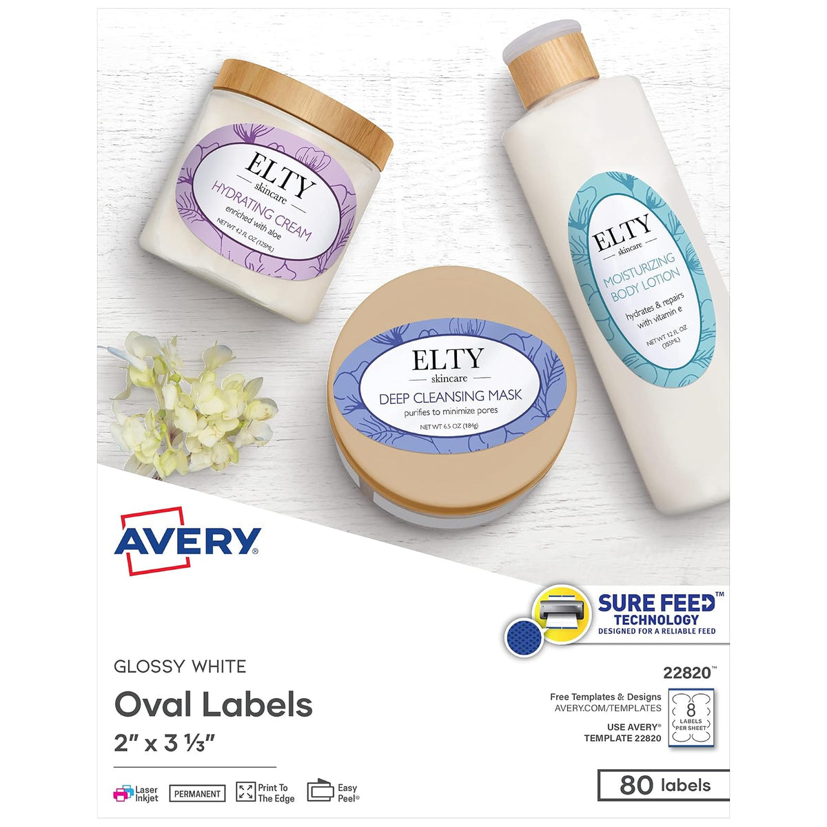 Avery Print - To - The - Edge Oval Labels, 2 x 3.3 Inches,Glossy White, 80 Labels (22820)