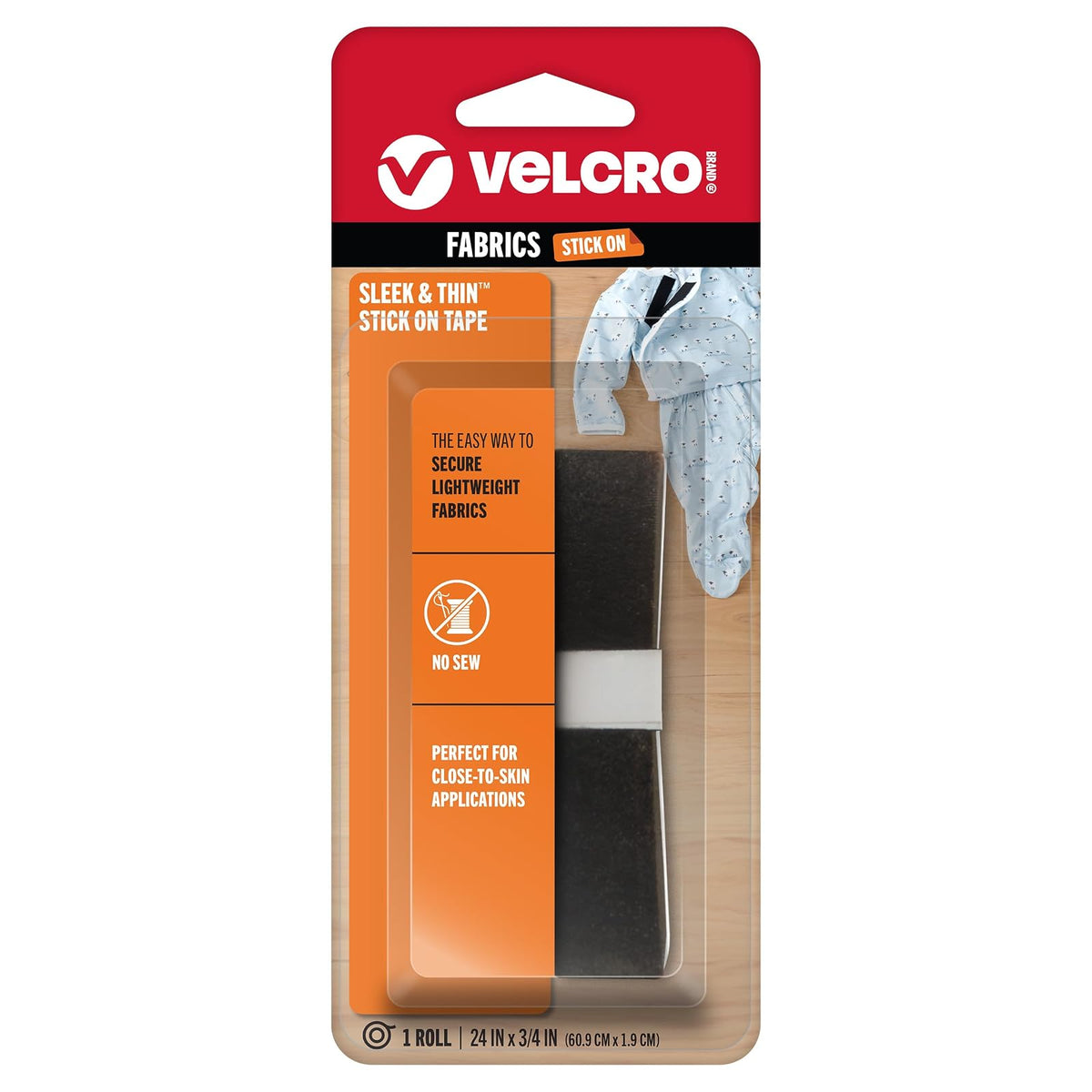 Cinta adhesiva elegante y delgada de la marca VELCRO para telas, 24 x 3/4 pulgadas, color negro, suave en la piel, ultra ligera, parte trasera adhesiva, no necesita costura - Se pega - Negro - 24in x 3 - 4in