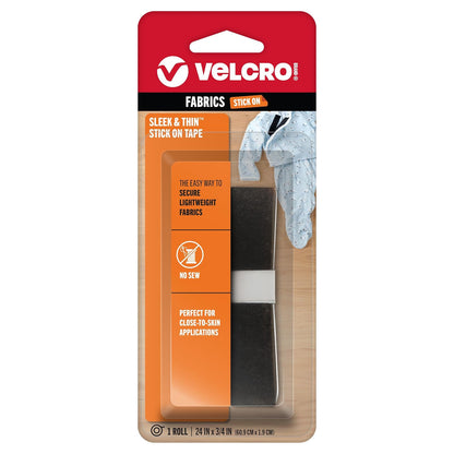 Cinta adhesiva elegante y delgada de la marca VELCRO para telas, 24 x 3/4 pulgadas, color negro, suave en la piel, ultra ligera, parte trasera adhesiva, no necesita costura - Se pega - Negro - 24in x 3 - 4in