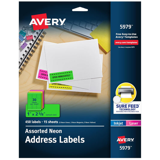 Avery Etiquetas de dirección imprimibles con alimentación segura, 1 x 2-5/8 pulgadas, neón surtido (magenta, verde y amarillo), 450 etiquetas de correo en blanco (5979)
