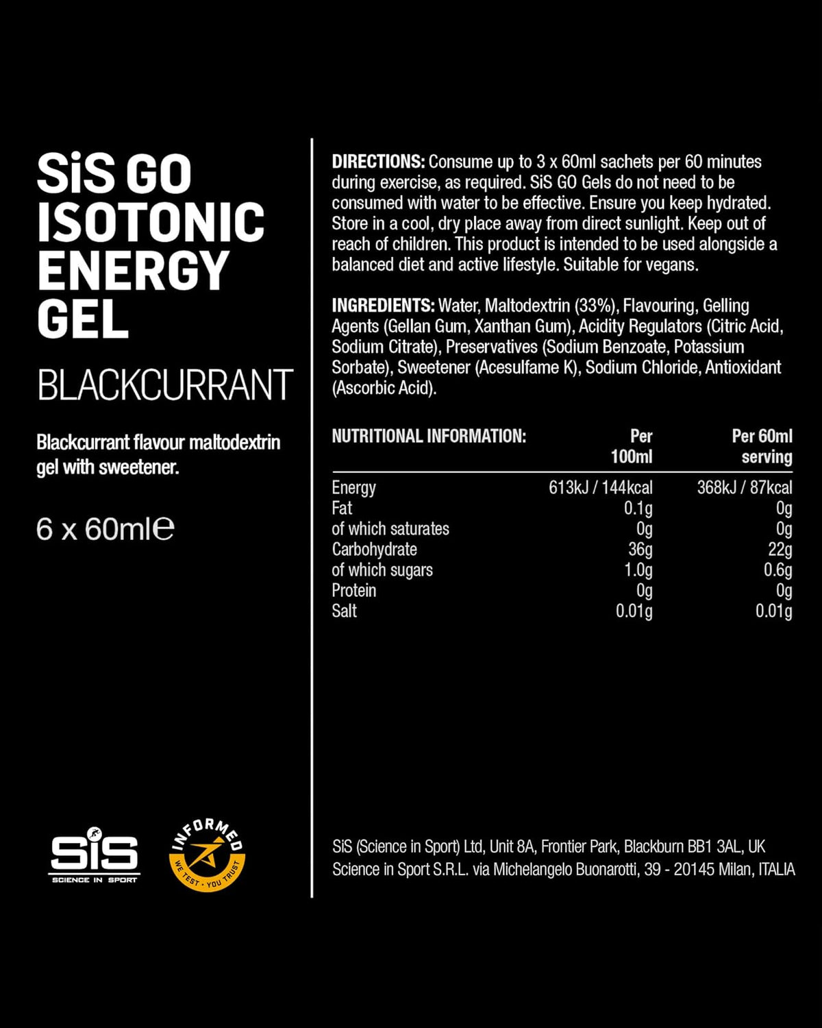 SiS GO Isotonic Energy Gel sabor Grosella | Gel Isotónico con Carbohidratos | Textura Líquida y Fácil de Consumir | Ideal para Running, Ciclismo y Deportes de Resistencia | Sin Gluten y Apto para Veganos | Caja 6 x 60ml – Science in Sport