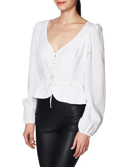 GUESS LS Federica Lace UP Top, Blanco