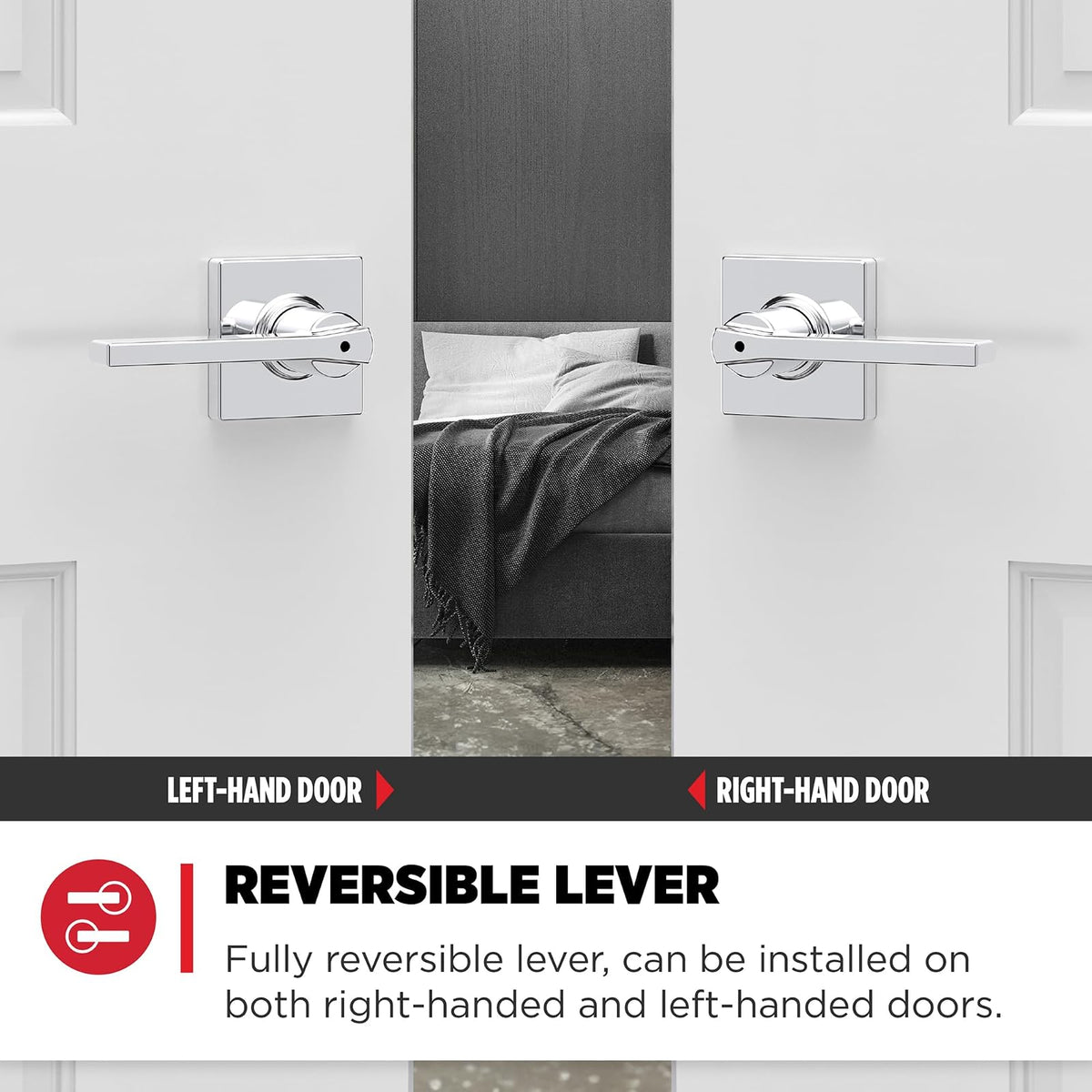 Kwikset Casey - Manija de puerta interior de privacidad con cerradura, palanca de puerta para baño y recámara, cerradura giratoria reversible de cromo pulido sin llave