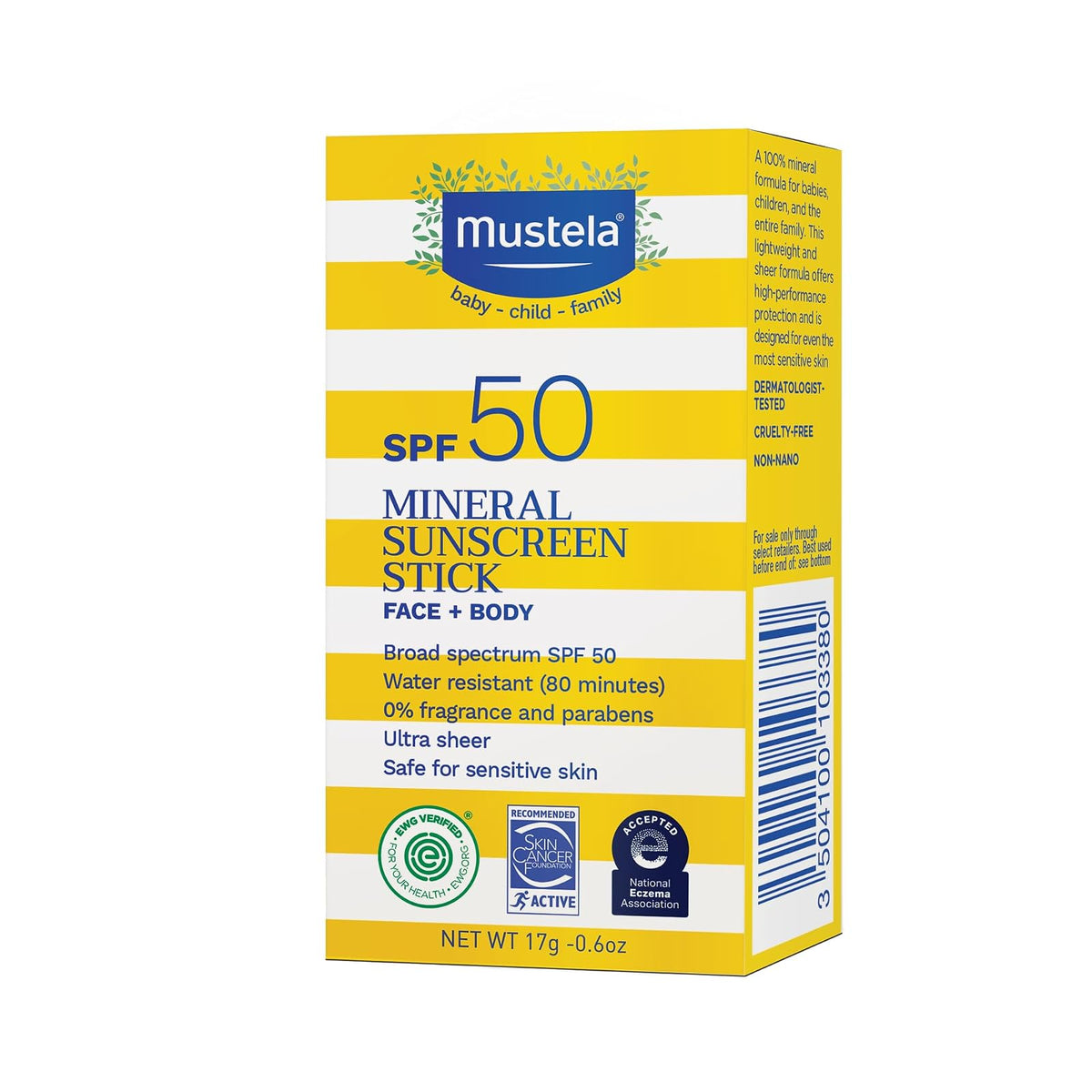 Mustela Protector Solar Mineral SPF 50 Stick 0.6 oz | Para cara y cuerpo, ingredientes 70% orgánicos, ultra transparente, resistente al agua, sin fragancia