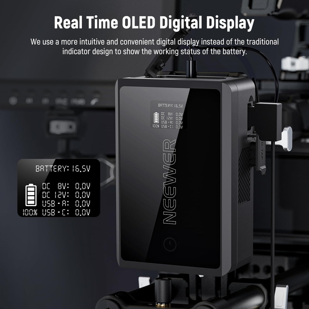 NEEWER Mini V Mount Battery con D Tap/USB C/USB A/BP/Puertos DC Dobles/Pantalla OLED, 3450mAh 50Wh 14.54V V V Lock Batería Soporta 45W PD Carga Rápida para Monitor de Cámara Luz de Video, PS050E