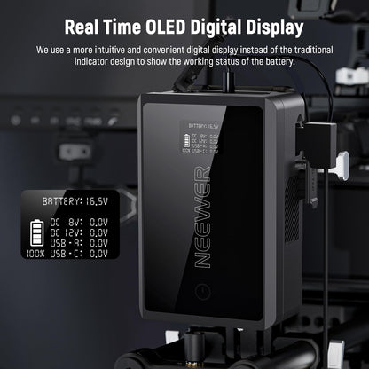 NEEWER Mini V Mount Battery con D Tap/USB C/USB A/BP/Puertos DC Dobles/Pantalla OLED, 3450mAh 50Wh 14.54V V V Lock Batería Soporta 45W PD Carga Rápida para Monitor de Cámara Luz de Video, PS050E