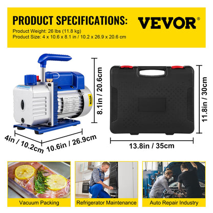 VEVOR Bomba de vacío 4.8CFM 1/3 HP Kit de refrigeración HVAC A/C de una sola etapa 5PA Ultimate Juego de manómetros de vacío R410A R134A R22 HVAC AC, manómetro de colector de 4 vías y manguera