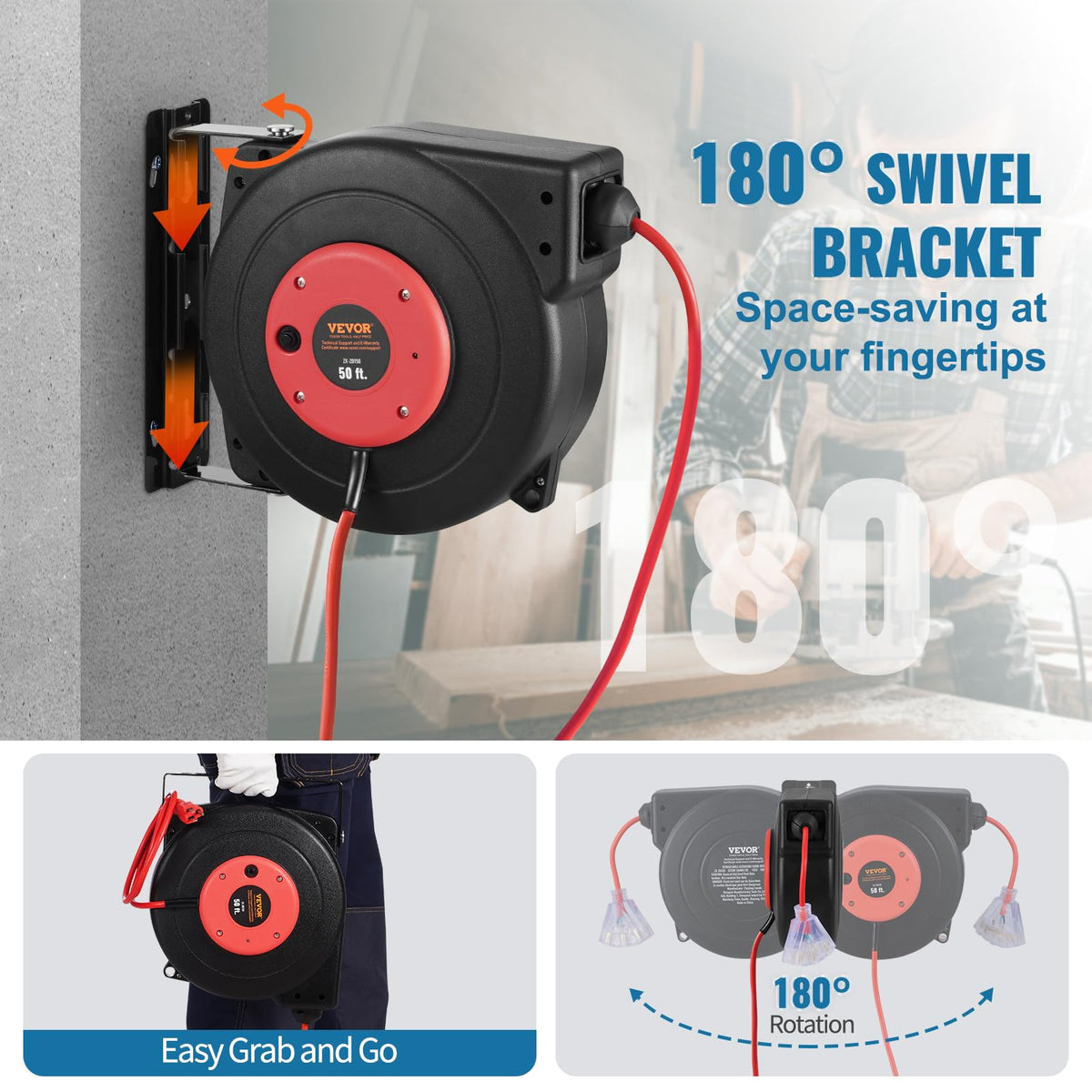 VEVOR Carrete de Cable de Extensión Retráctil, 15 m, Resistente, 14 AWG/3C SJTOW, con Toma de Corriente Triple Iluminada, Disyuntor de 13 A, Soporte Giratorio de 180° para Montaje en Techo o Pared