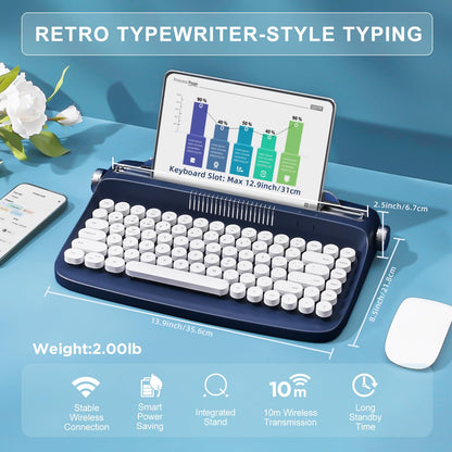 YUNZII ACTTO B303 Teclado inalámbrico, Teclado Retro Bluetooth para máquina de Escribir con Soporte Integrado para múltiples Dispositivos (inglés, Medianoche)