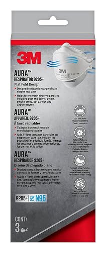 3M Aura Particulate Respirator 9205+ N95, Lightweight, 3 Panel Designed Helps Provide Comfortable and Convenient Respiratory Protection, 3-Pack