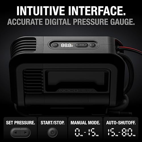 NOCO AIR15: Inflador de Llantas Ultrarrápido 15A – Compresor de Aire Portátil 12V – Flujo de 44 SLPM Infla de 0 a 40 PSI en 2.9 Minutos – Medidor Digital y Apagado Automático