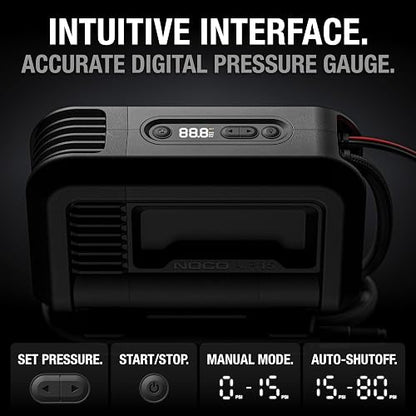 NOCO AIR15: Inflador de Llantas Ultrarrápido 15A – Compresor de Aire Portátil 12V – Flujo de 44 SLPM Infla de 0 a 40 PSI en 2.9 Minutos – Medidor Digital y Apagado Automático