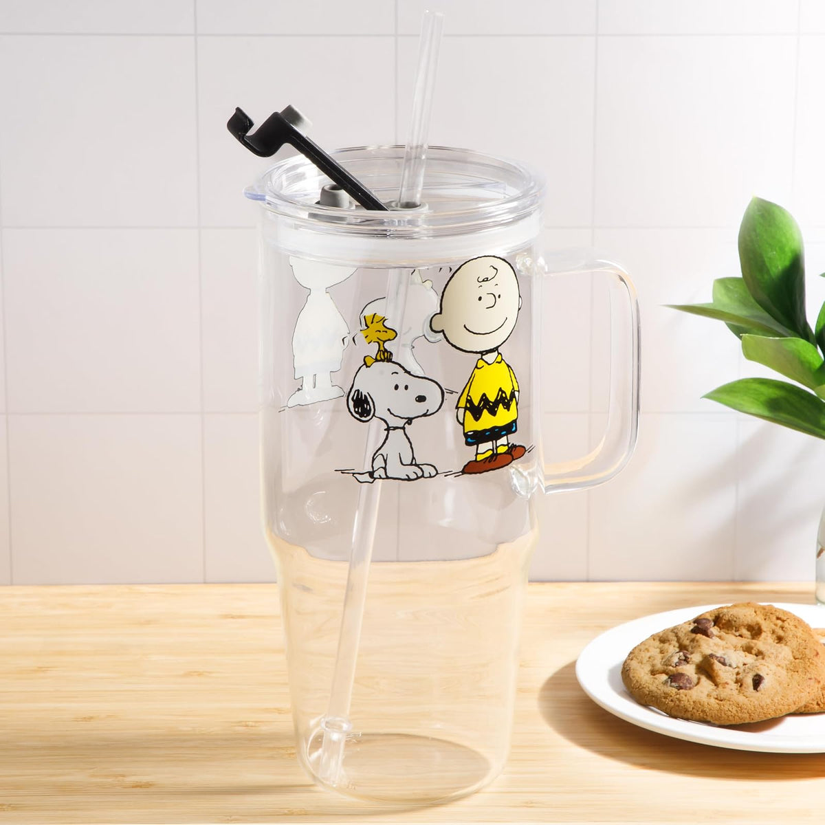 Peanuts Snoopy - Vasos de vidrio con tapas y popotes - Vaso de 40 onzas con asa y popote, botellas de agua de vidrio, vasos con popotes, tazas de café helado, taza de café de viaje, vaso de licuado