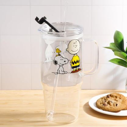 Peanuts Snoopy - Vasos de vidrio con tapas y popotes - Vaso de 40 onzas con asa y popote, botellas de agua de vidrio, vasos con popotes, tazas de café helado, taza de café de viaje, vaso de licuado