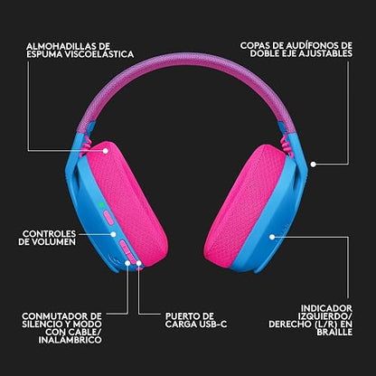 Logitech G435 Lightspeed Audífonos Inalámbricos Gaming Bluetooth - Ligeros, on-Ear, micrófonos Integrados, batería de 18 Horas, compatibles con Dolby Atmos, PC, PS4, PS5, Celular - Azul